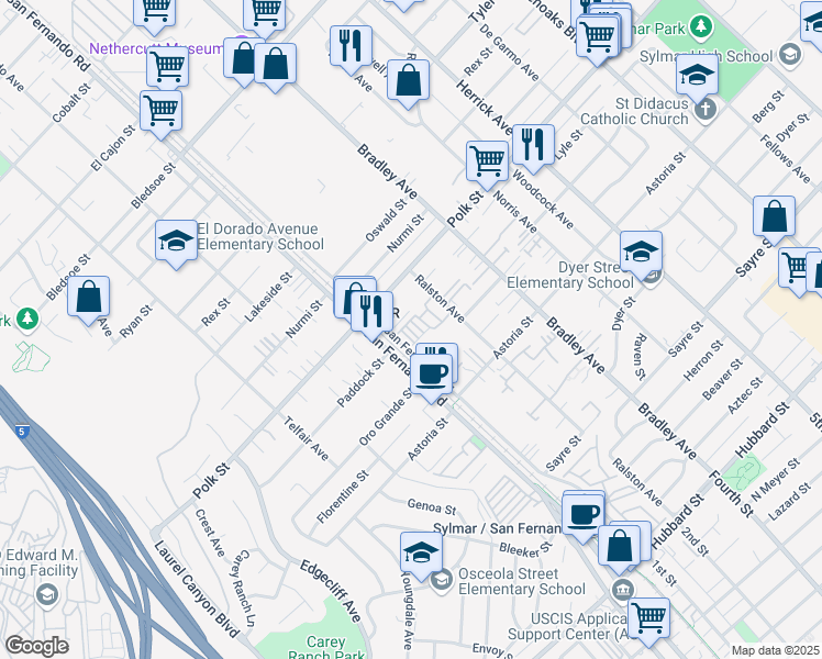 map of restaurants, bars, coffee shops, grocery stores, and more near 12600 San Fernando Road in Los Angeles