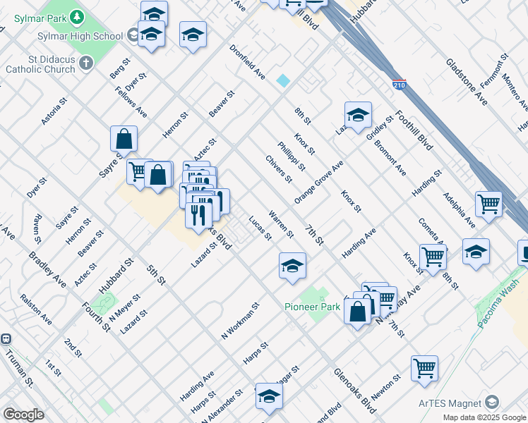 map of restaurants, bars, coffee shops, grocery stores, and more near 1922 Warren Street in San Fernando