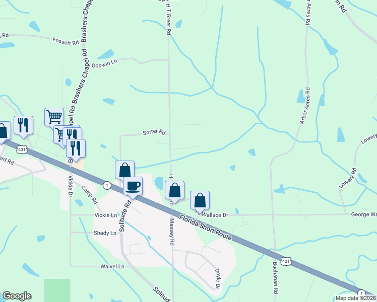 map of restaurants, bars, coffee shops, grocery stores, and more near 88 Greer Lane in Albertville