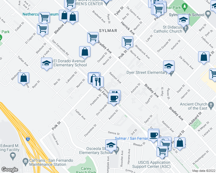 map of restaurants, bars, coffee shops, grocery stores, and more near 12600 San Fernando Road in Los Angeles