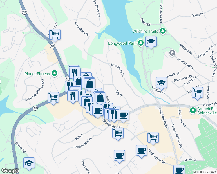 map of restaurants, bars, coffee shops, grocery stores, and more near 807 Nix Drive in Gainesville