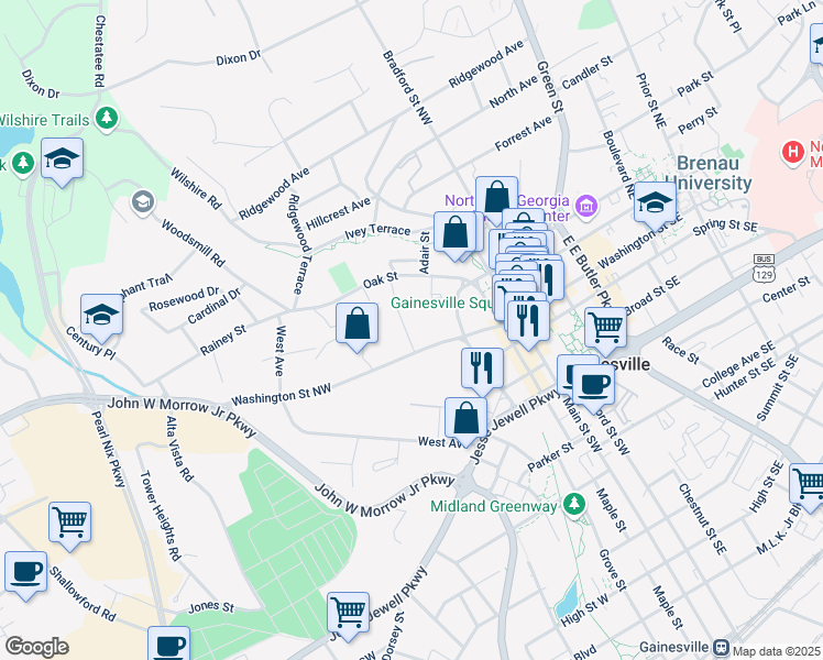 map of restaurants, bars, coffee shops, grocery stores, and more near 528 Washington Street Northwest in Gainesville