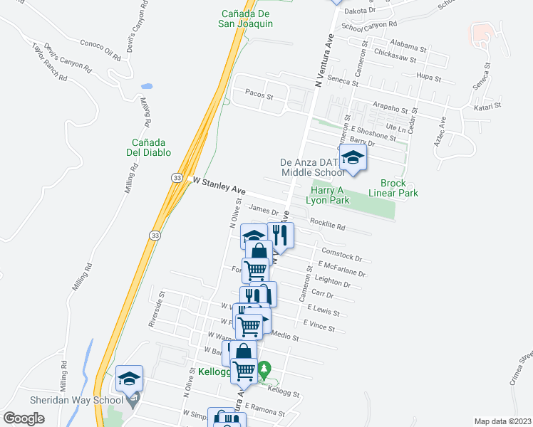map of restaurants, bars, coffee shops, grocery stores, and more near 64 James Drive in Ventura