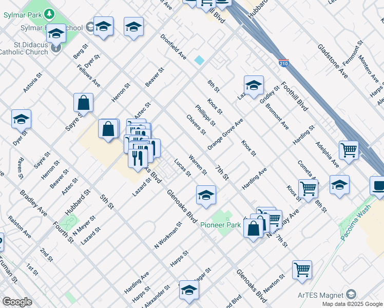 map of restaurants, bars, coffee shops, grocery stores, and more near 1915 Warren Street in San Fernando
