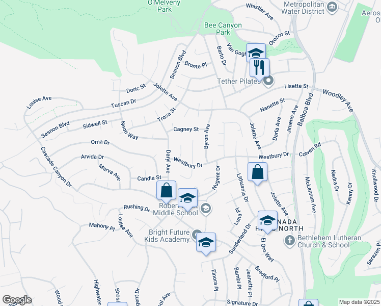 map of restaurants, bars, coffee shops, grocery stores, and more near 12571 Henzie Place in Los Angeles