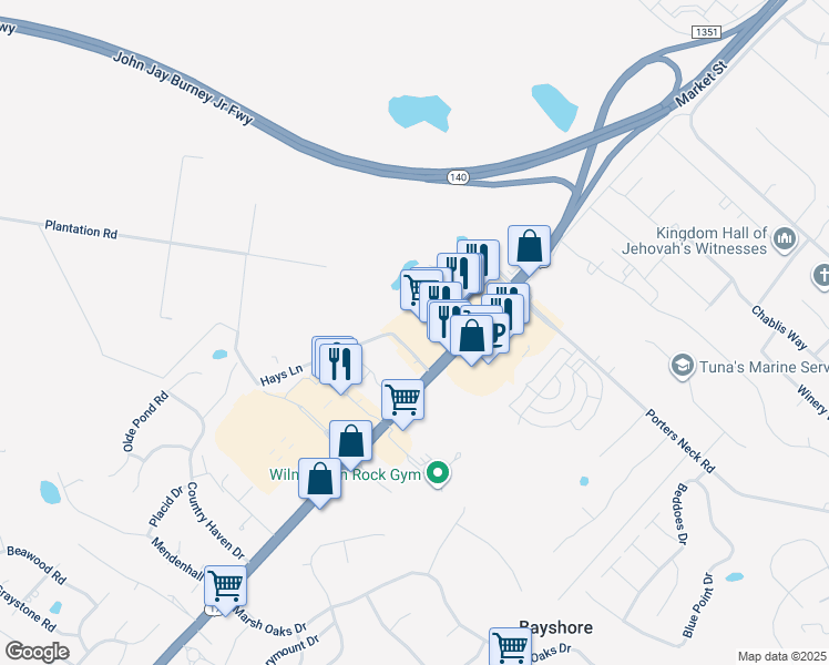 map of restaurants, bars, coffee shops, grocery stores, and more near 8207 Market Street in Wilmington