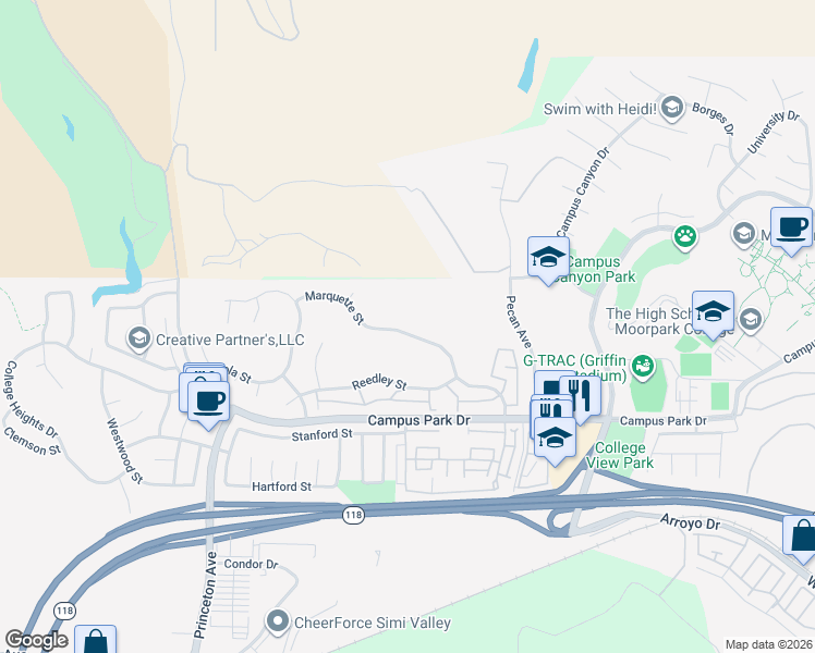 map of restaurants, bars, coffee shops, grocery stores, and more near 14953 Marquette Street in Moorpark