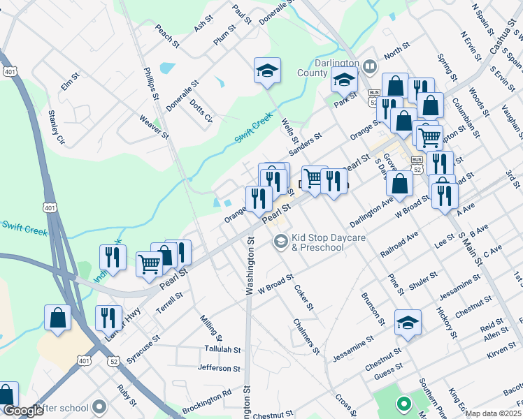 map of restaurants, bars, coffee shops, grocery stores, and more near 600 Pearl Street in Darlington
