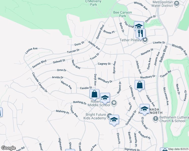 map of restaurants, bars, coffee shops, grocery stores, and more near 12561 Daryl Avenue in Los Angeles