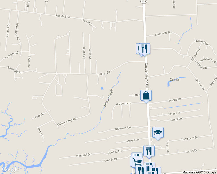 map of restaurants, bars, coffee shops, grocery stores, and more near 2422 Oakley Rd in Castle Hayne