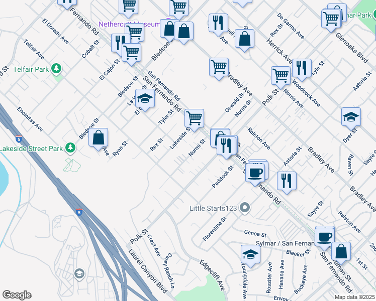map of restaurants, bars, coffee shops, grocery stores, and more near 15115 Nurmi Street in Los Angeles