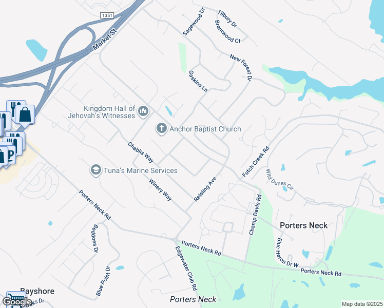 map of restaurants, bars, coffee shops, grocery stores, and more near 763 Tuscan Way in Wilmington