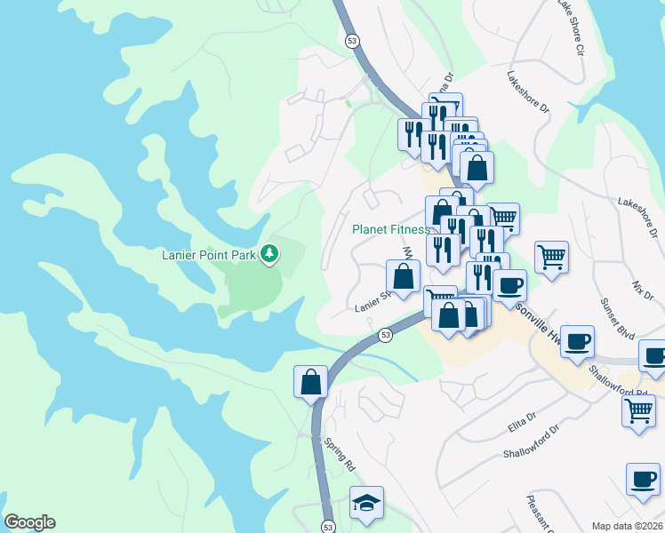 map of restaurants, bars, coffee shops, grocery stores, and more near 1520 Bluff Valley Circle in Gainesville