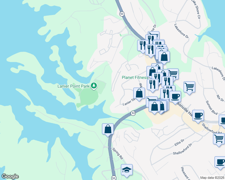 map of restaurants, bars, coffee shops, grocery stores, and more near 1520 Bluff Valley Circle in Gainesville