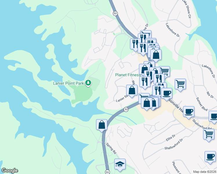 map of restaurants, bars, coffee shops, grocery stores, and more near 1520 Bluff Valley Circle in Gainesville