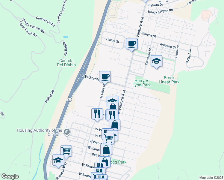 map of restaurants, bars, coffee shops, grocery stores, and more near 64 James Drive in Ventura