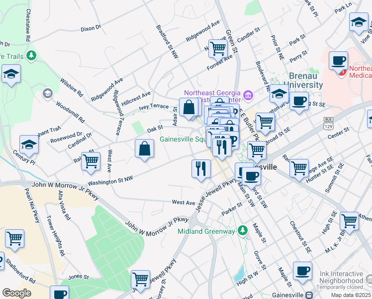 map of restaurants, bars, coffee shops, grocery stores, and more near 404 Washington Street Northwest in Gainesville