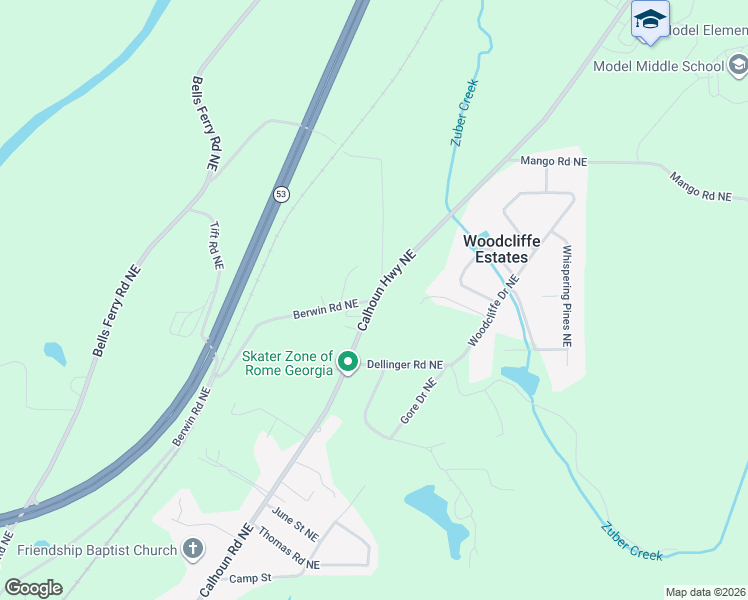 map of restaurants, bars, coffee shops, grocery stores, and more near 2688 Calhoun Road Northeast in Rome