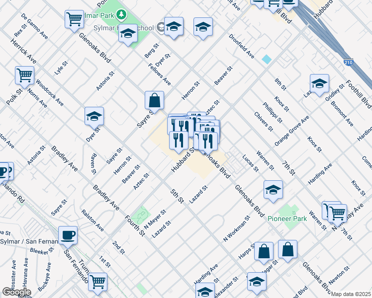 map of restaurants, bars, coffee shops, grocery stores, and more near 12629 Glenoaks Boulevard in Los Angeles