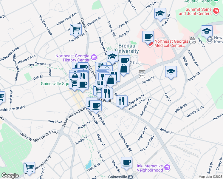map of restaurants, bars, coffee shops, grocery stores, and more near 325 Jesse Jewell Parkway in Gainesville