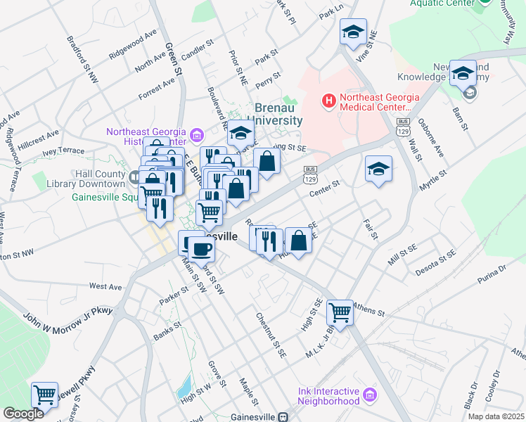 map of restaurants, bars, coffee shops, grocery stores, and more near 333 Jesse Jewell Parkway in Gainesville