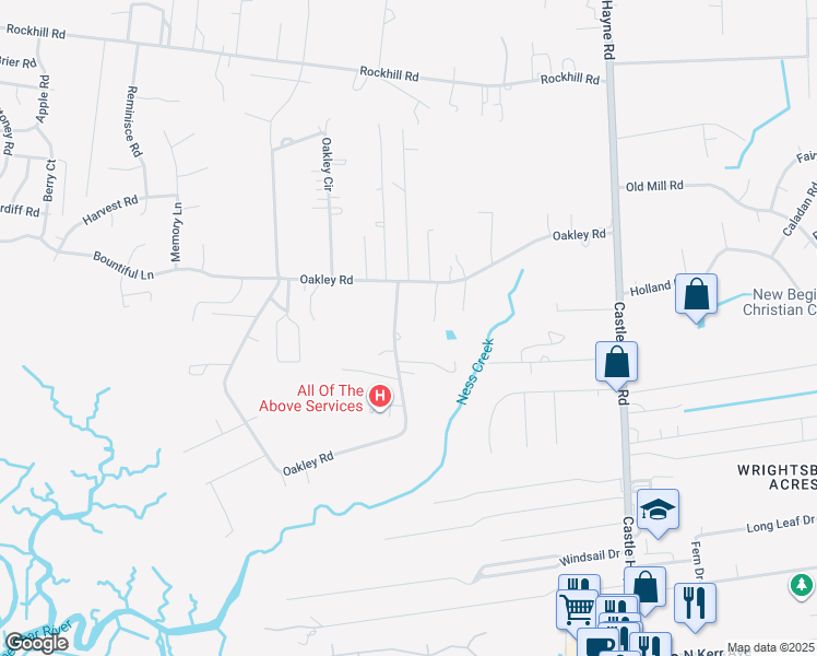 map of restaurants, bars, coffee shops, grocery stores, and more near 1517 Oakley Road in Castle Hayne