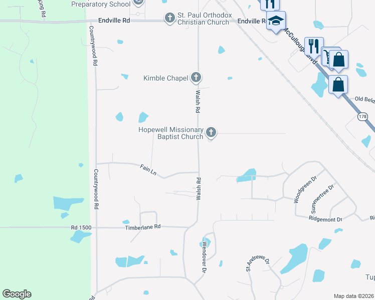 map of restaurants, bars, coffee shops, grocery stores, and more near 2895 Walsh Road in Tupelo
