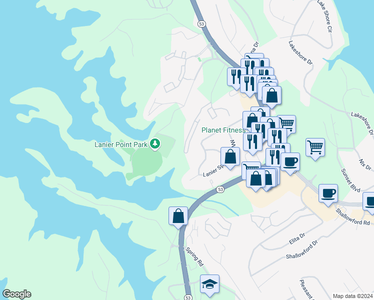 map of restaurants, bars, coffee shops, grocery stores, and more near 1501 Bluff Valley Circle in Gainesville