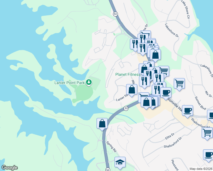 map of restaurants, bars, coffee shops, grocery stores, and more near 1520 Bluff Valley Circle in Gainesville