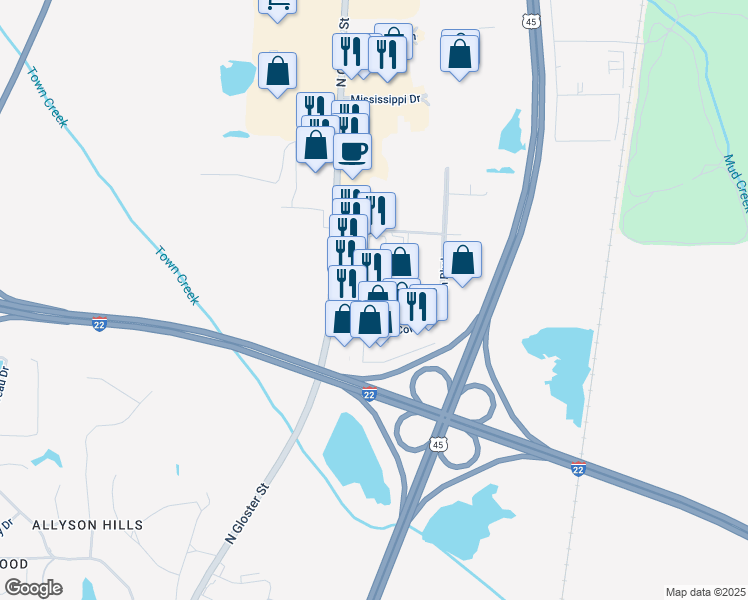 map of restaurants, bars, coffee shops, grocery stores, and more near Commonwealth Boulevard in Tupelo
