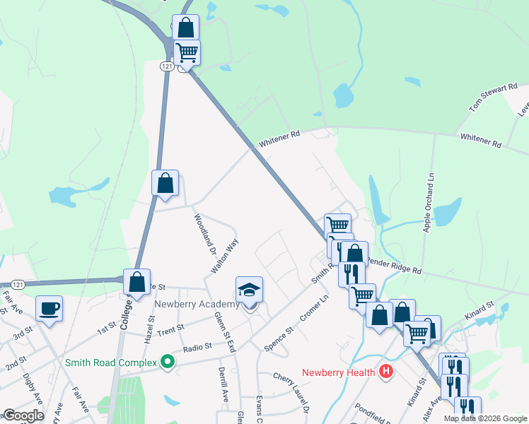map of restaurants, bars, coffee shops, grocery stores, and more near 2211 Wilson Road in Newberry