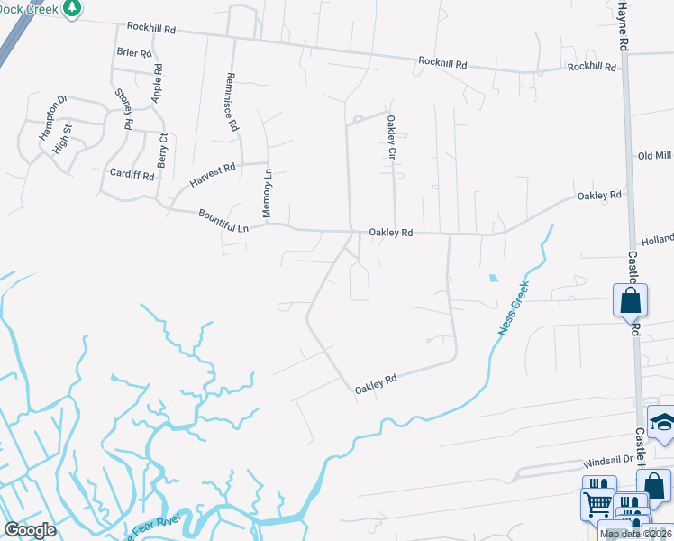 map of restaurants, bars, coffee shops, grocery stores, and more near 2108 Oakley Road in Castle Hayne