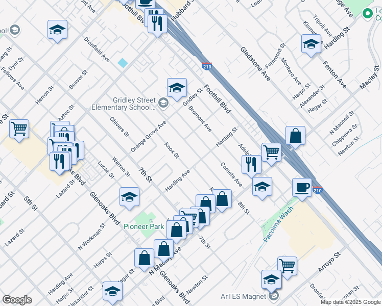 map of restaurants, bars, coffee shops, grocery stores, and more near 1526 8th Street in San Fernando