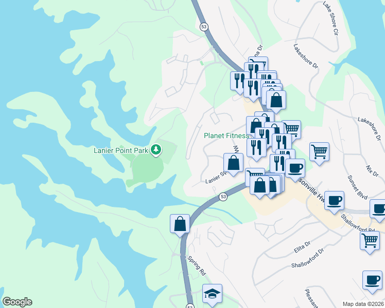 map of restaurants, bars, coffee shops, grocery stores, and more near 1528 Bluff Valley Circle in Gainesville