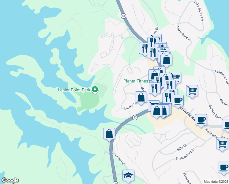 map of restaurants, bars, coffee shops, grocery stores, and more near 1520 Bluff Valley Circle in Gainesville