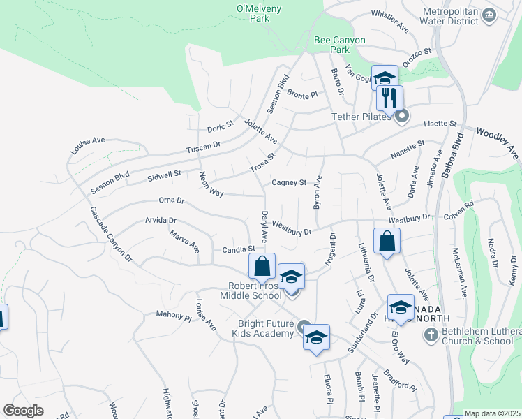 map of restaurants, bars, coffee shops, grocery stores, and more near 12561 Daryl Avenue in Los Angeles