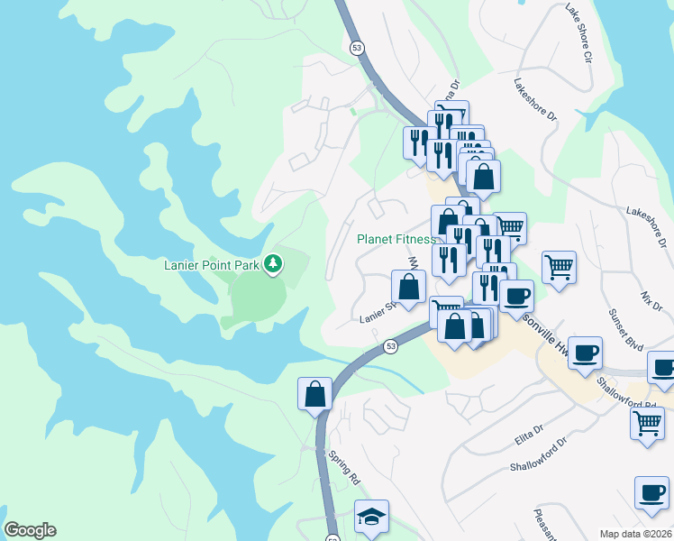 map of restaurants, bars, coffee shops, grocery stores, and more near 1528 Bluff Valley Circle in Gainesville