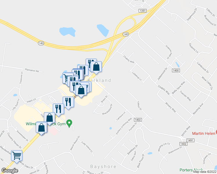 map of restaurants, bars, coffee shops, grocery stores, and more near 213 Porters Neck Road in Wilmington