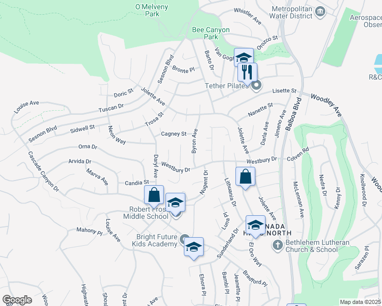map of restaurants, bars, coffee shops, grocery stores, and more near 12585 Byron Avenue in Los Angeles