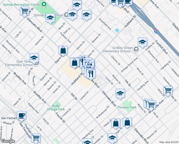 map of restaurants, bars, coffee shops, grocery stores, and more near 2041 Glenoaks Boulevard in San Fernando