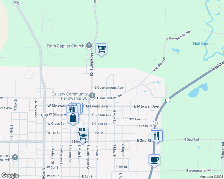 map of restaurants, bars, coffee shops, grocery stores, and more near 410 North May in DeWitt