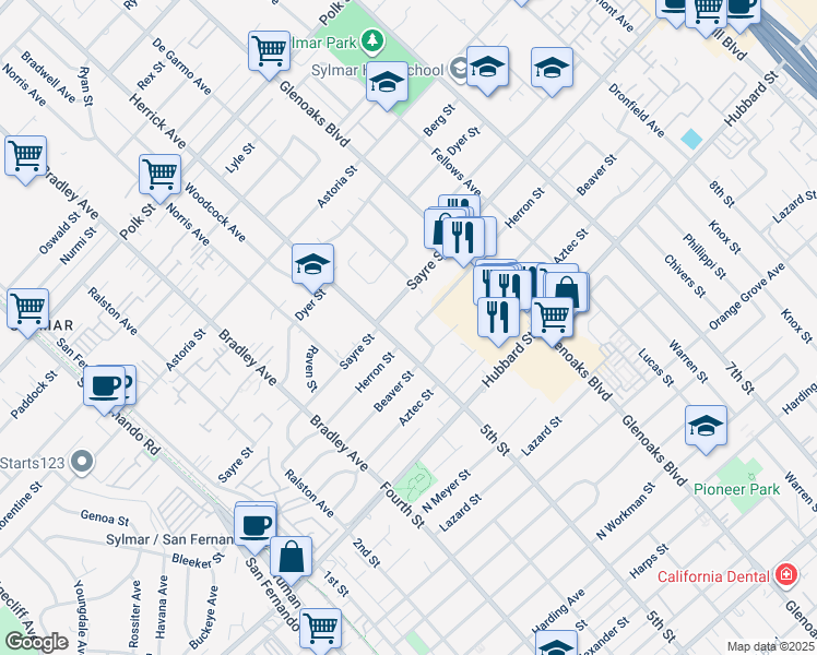 map of restaurants, bars, coffee shops, grocery stores, and more near 12578 Herrick Avenue in Los Angeles