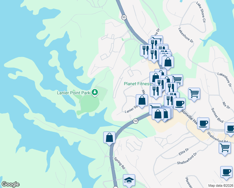 map of restaurants, bars, coffee shops, grocery stores, and more near 1520 Bluff Valley Circle in Gainesville