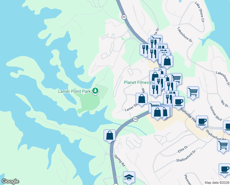 map of restaurants, bars, coffee shops, grocery stores, and more near 1493 Bluff Valley Circle in Gainesville