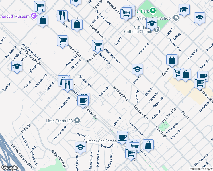 map of restaurants, bars, coffee shops, grocery stores, and more near 14741 Astoria Street in Los Angeles