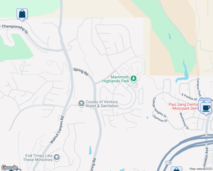 map of restaurants, bars, coffee shops, grocery stores, and more near 13687 Blue Ridge Way in Moorpark
