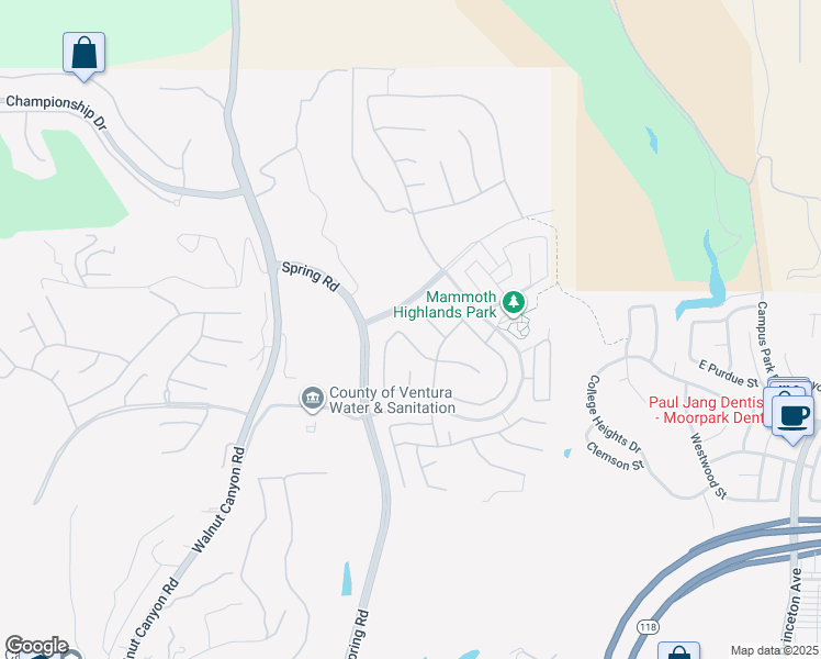 map of restaurants, bars, coffee shops, grocery stores, and more near 13687 Blue Ridge Way in Moorpark