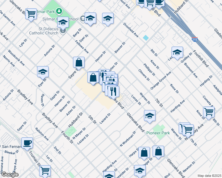 map of restaurants, bars, coffee shops, grocery stores, and more near 2041 Glenoaks Boulevard in San Fernando