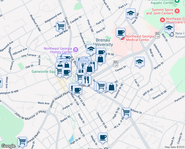 map of restaurants, bars, coffee shops, grocery stores, and more near 333 Jesse Jewell Parkway in Gainesville