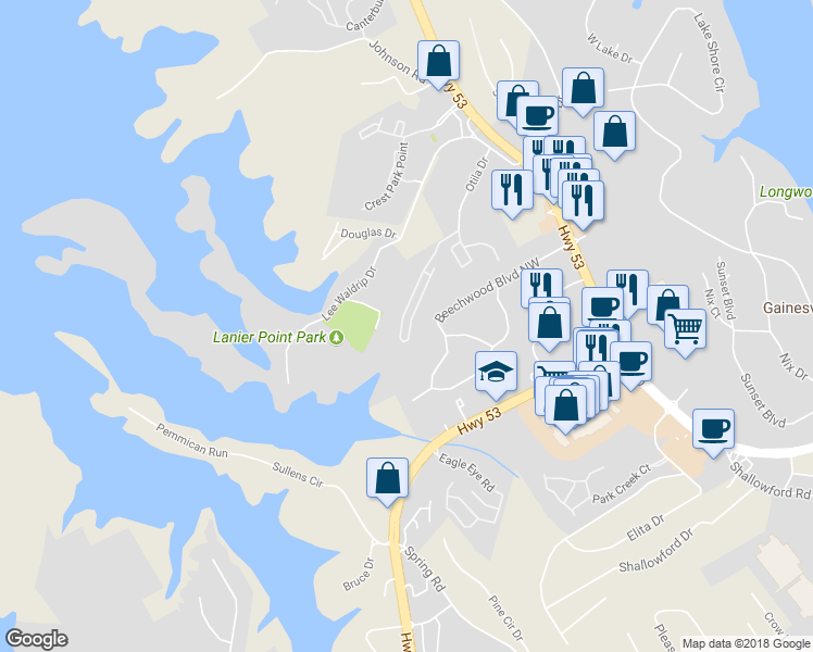 map of restaurants, bars, coffee shops, grocery stores, and more near 1491 Bluff Valley Circle in Gainesville